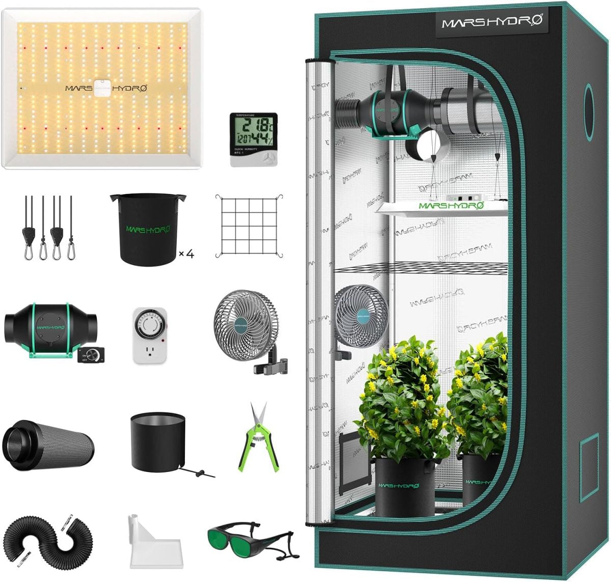 Mars Hydro Dyrkesett | 80x80cm Dyrketelt | TS1000 150W Plantelys | Vifte
