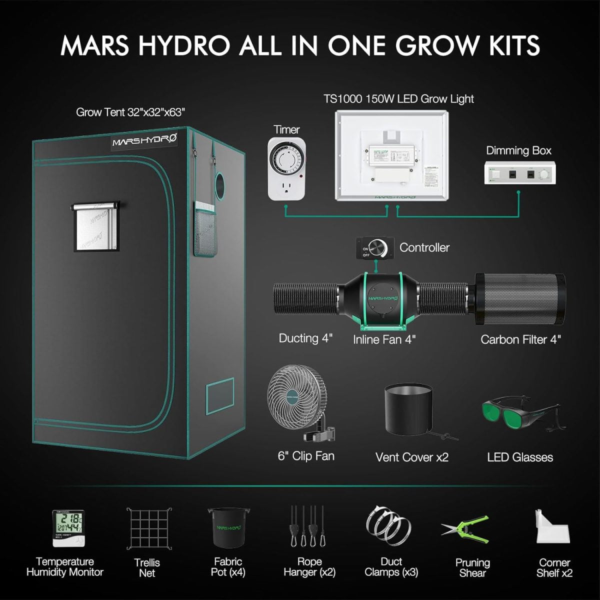 Mars Hydro Dyrkesett | 80x80cm Dyrketelt | TS1000 150W Plantelys | Vifte