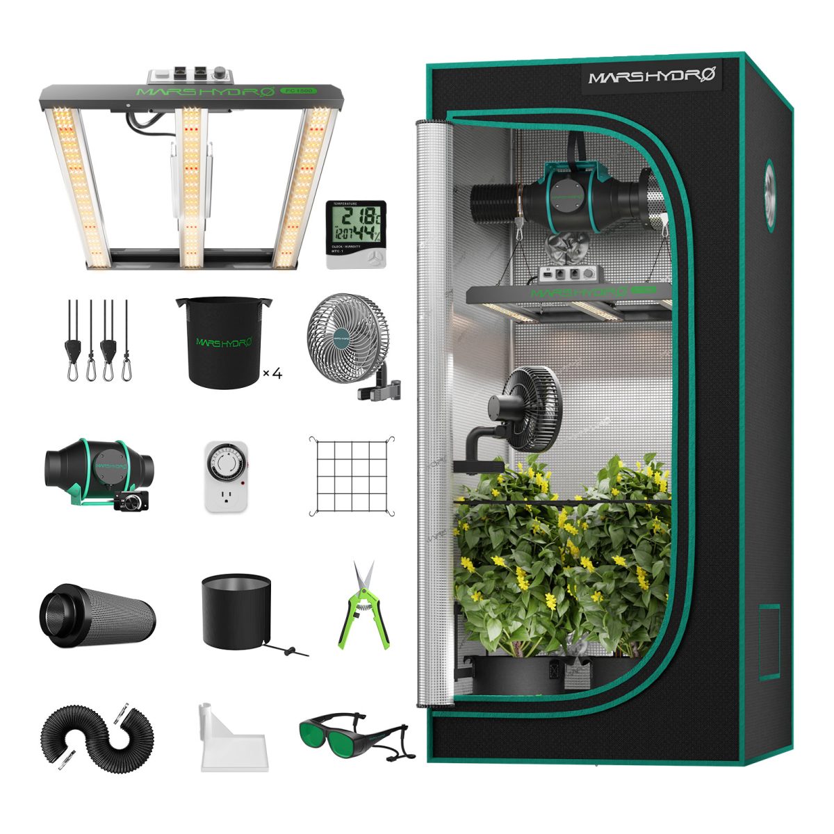 Mars Hydro Dyrkesett | 80x80cm Dyrketelt | FC-1500 300W Plantelys | Ventilasjon