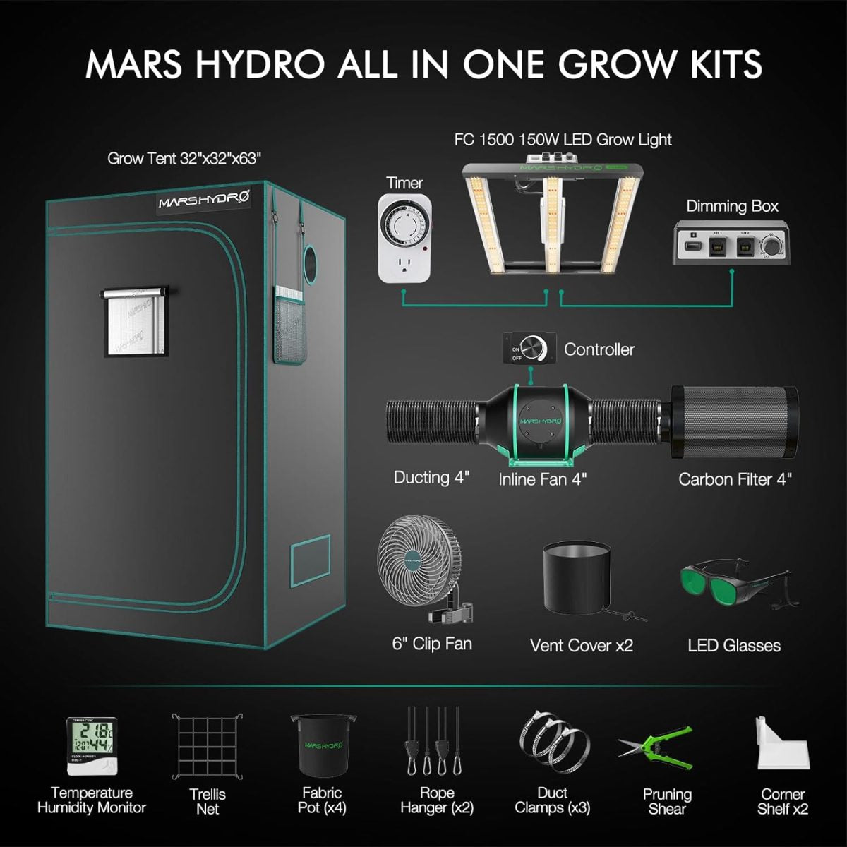 Mars Hydro Dyrkesett | 80x80cm Dyrketelt | FC-1500 300W Plantelys | Ventilasjon