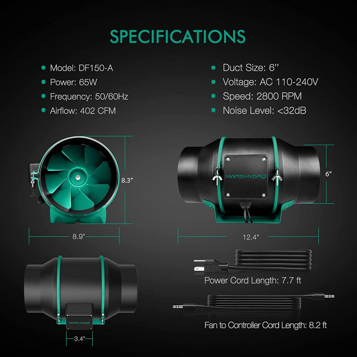 Mars Hydro Inline Kanalvifte 150mm | Digital Termostatkontroll