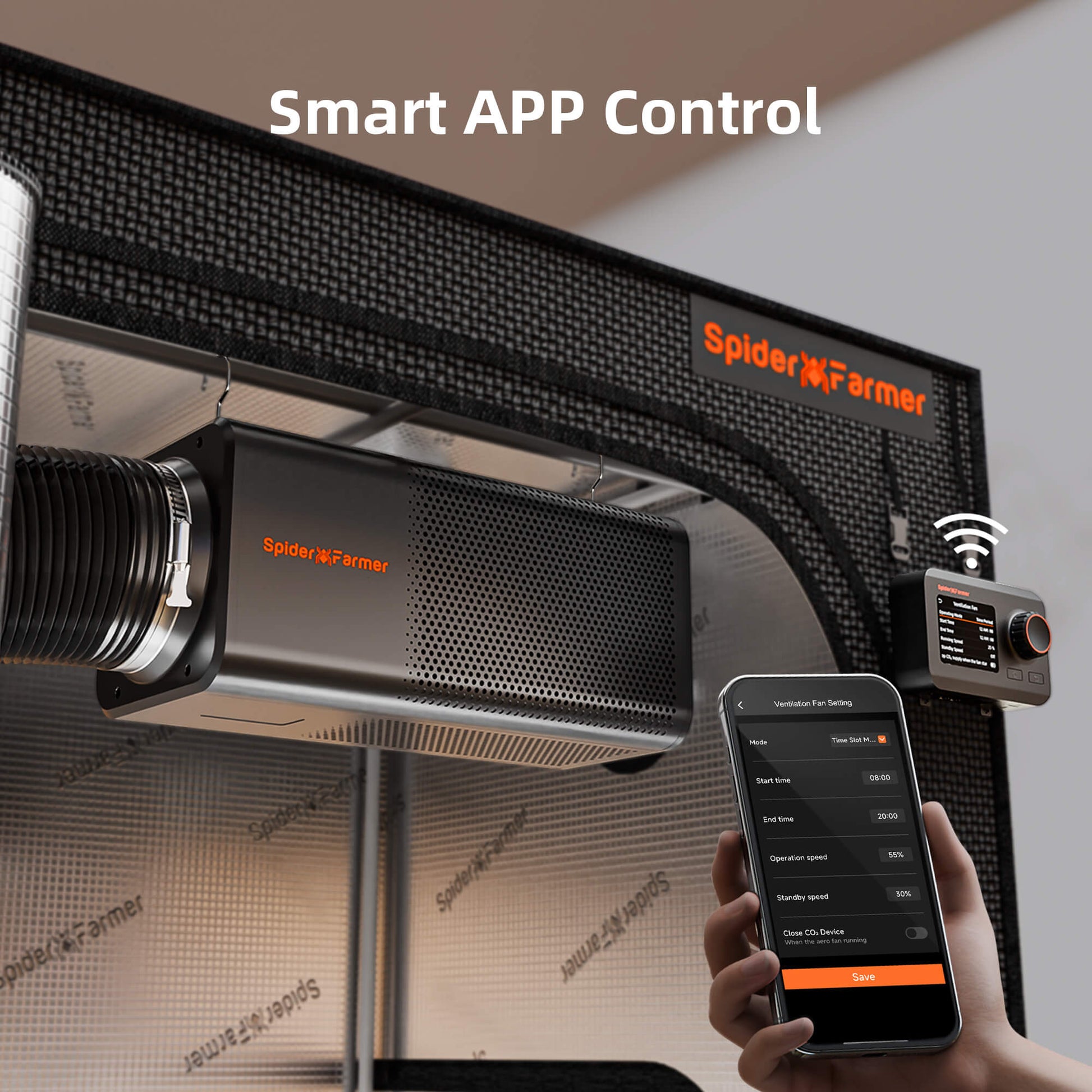 Spider Farmer 2-in-1 ventilation system with built-in carbon filter and GGS controller, featuring fan and filter components.