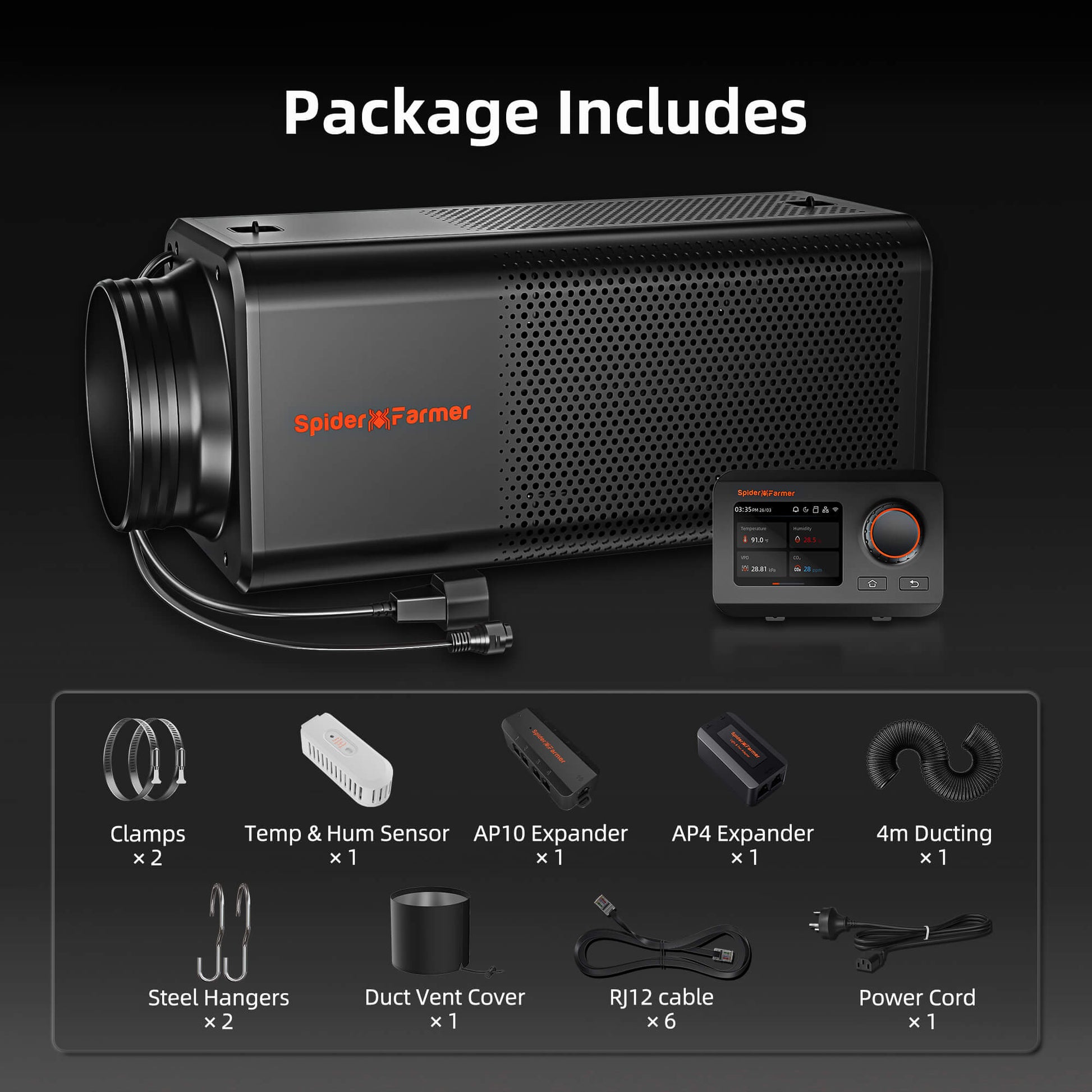 Spider Farmer 2-in-1 ventilation system with GGS controller and built-in carbon filter for efficient air circulation.