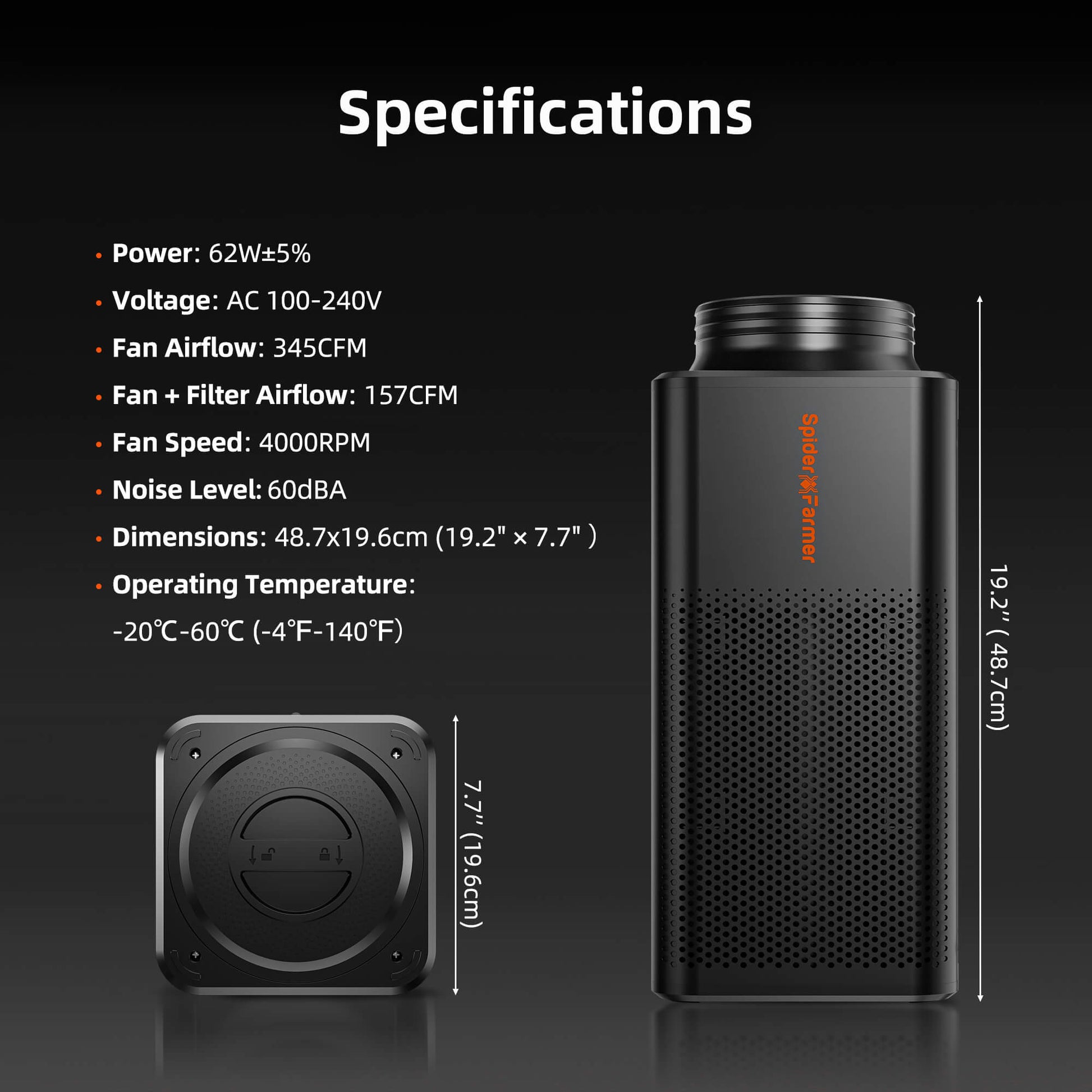 Spider Farmer 2-in-1 ventilation system with built-in carbon filter and GGS controller, shown with fan and filter components.