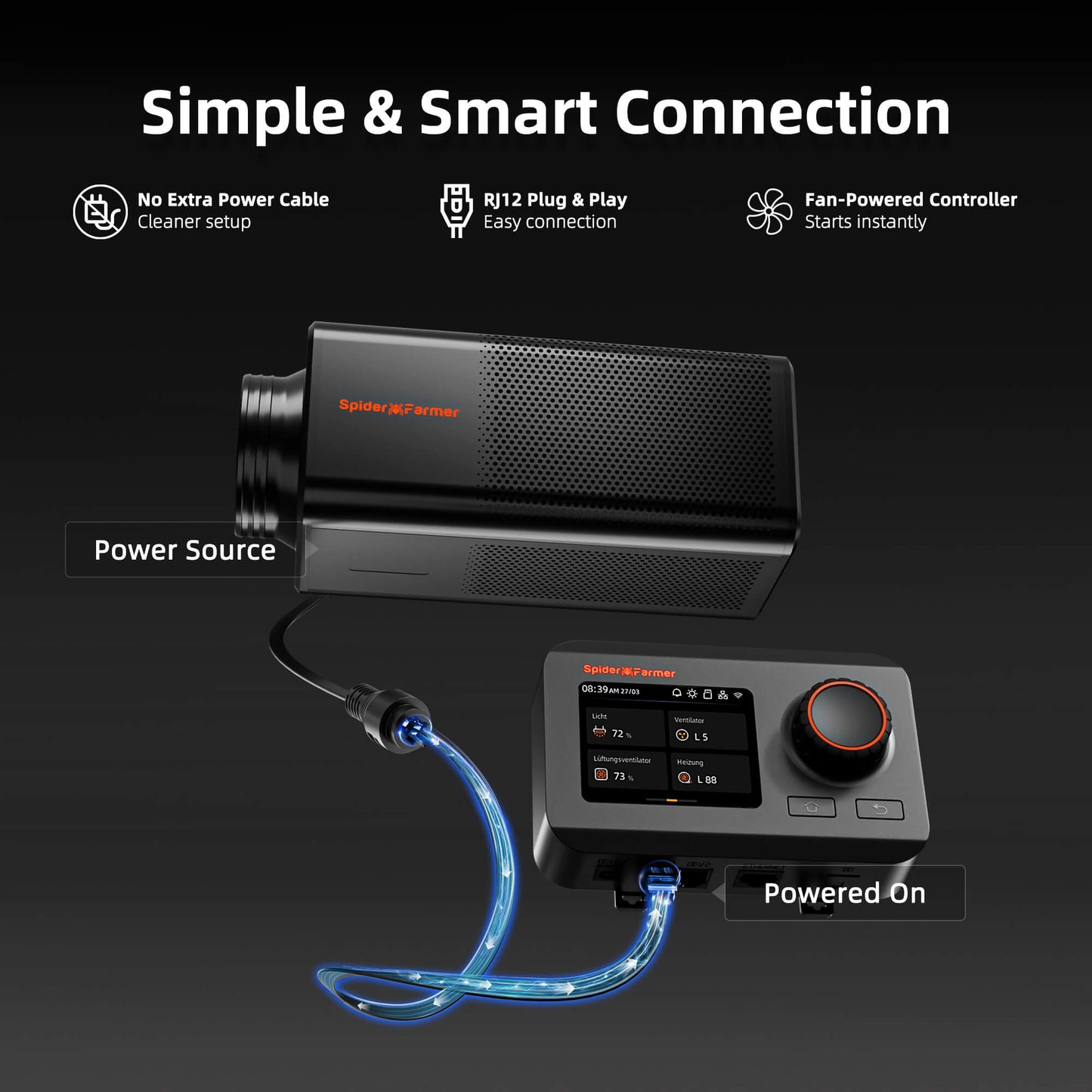 Spider Farmer 2-in-1 ventilation system with GGS controller and built-in carbon filter, shown as a plug-and-play fan and filter unit.