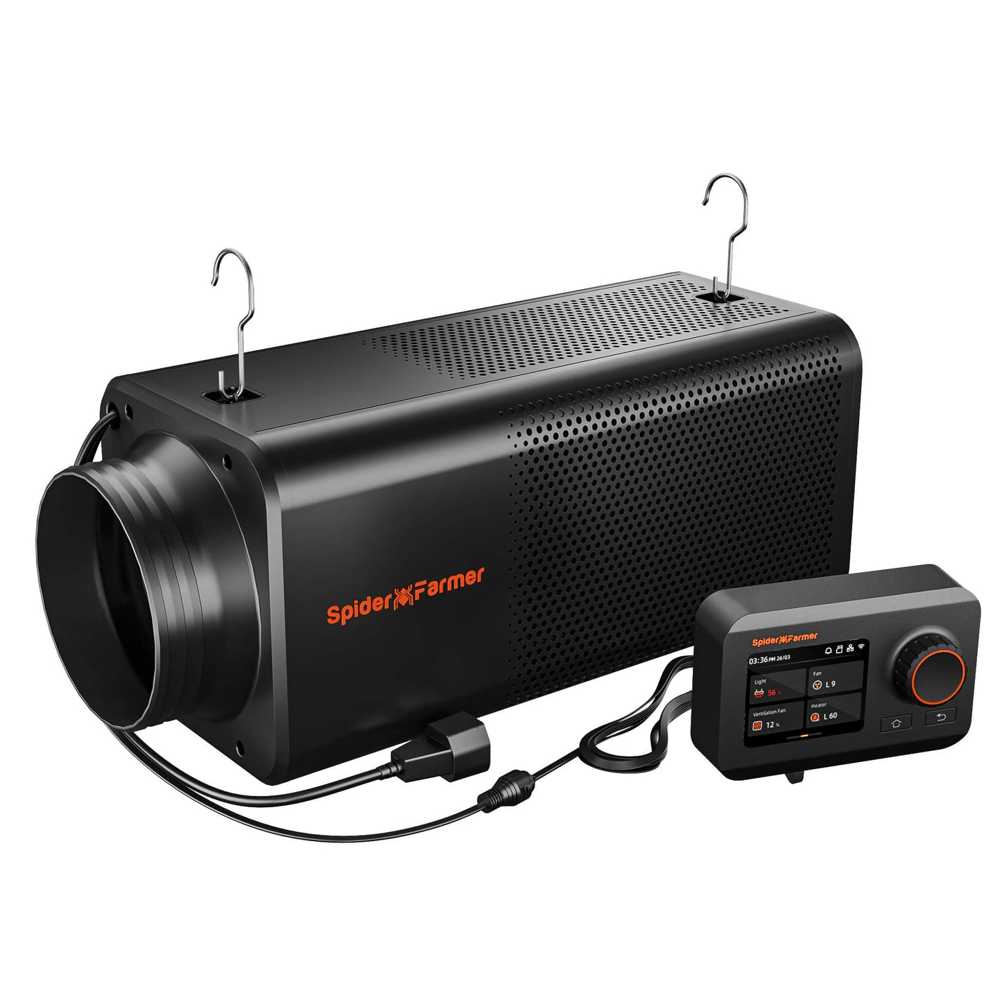 Spider Farmer 2-in-1 ventilation system with GGS controller and built-in carbon filter for indoor air quality.