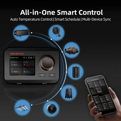 Spider Farmer 2-in-1 ventilation system controller with GGS control and built-in carbon filter, shown in the all-in-one smart control device.