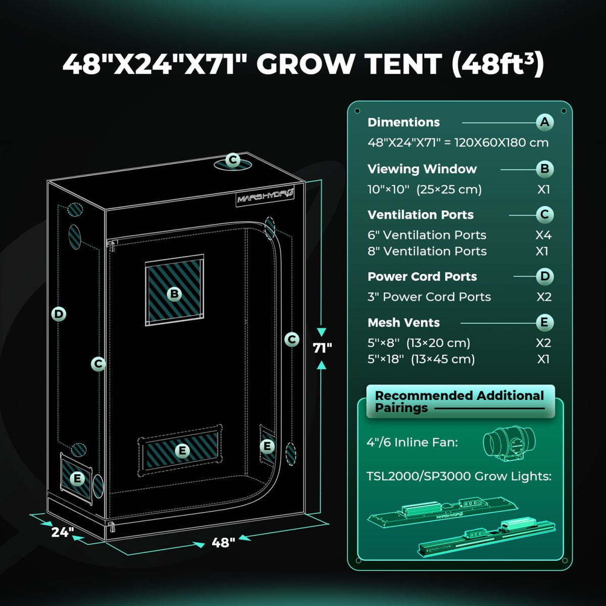 Mars Hydro Dyrkesett | 120x60 Dyrketelt | TSL2000 300W Plantelys | Vifte