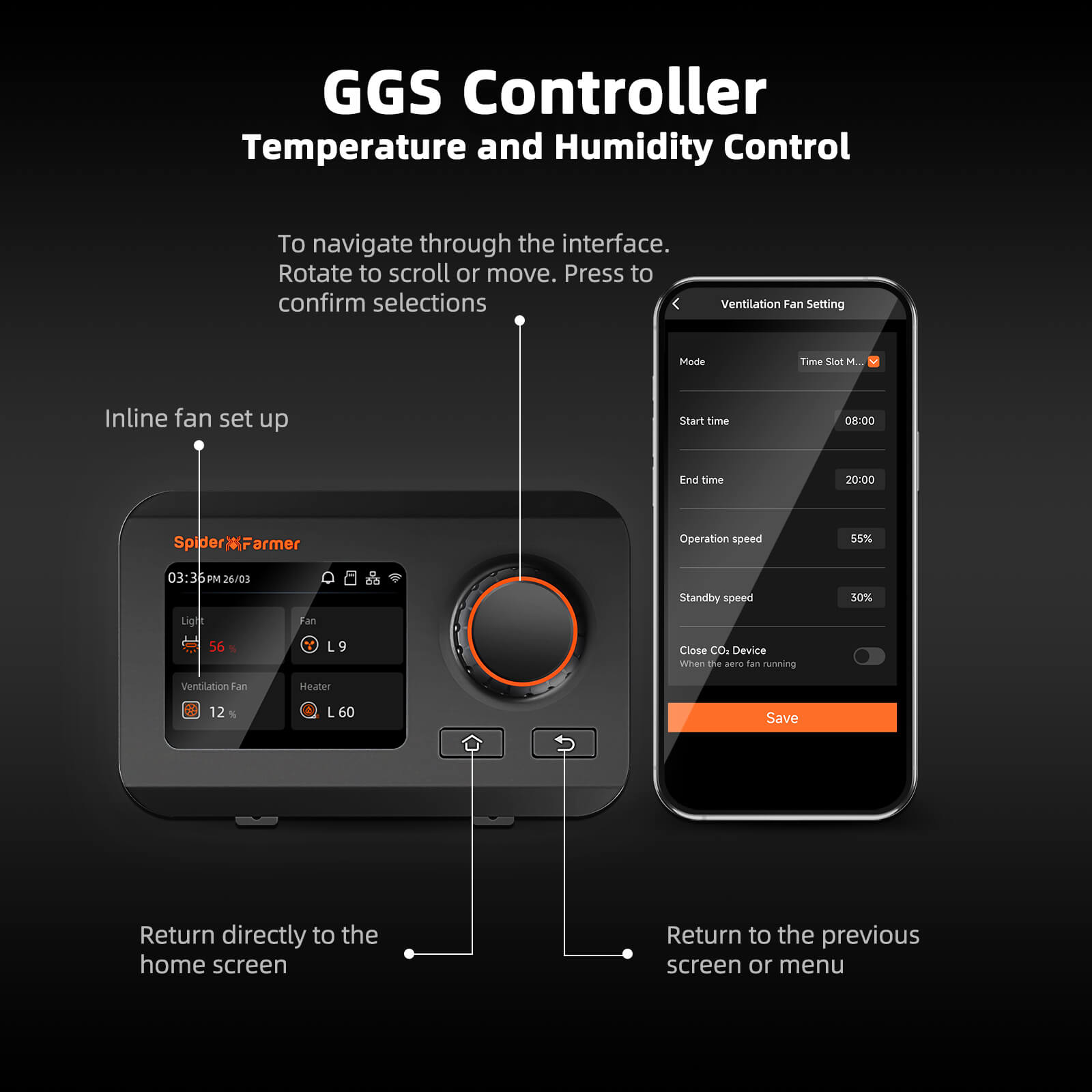 Spider Farmer GGS controller for 2-in-1 ventilation system with built-in carbon filter and inline fan.