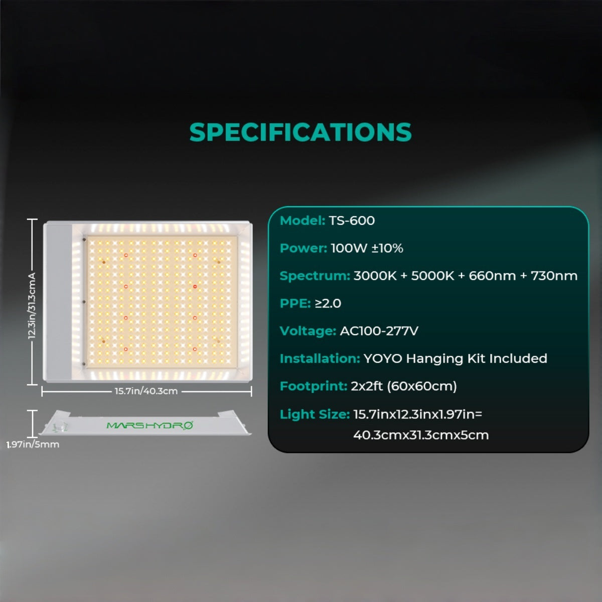 Mars Hydro Vekstlys 100W plantelys for dyrkerom and dyrketelt, designed to promote healthy plant growth indoors.