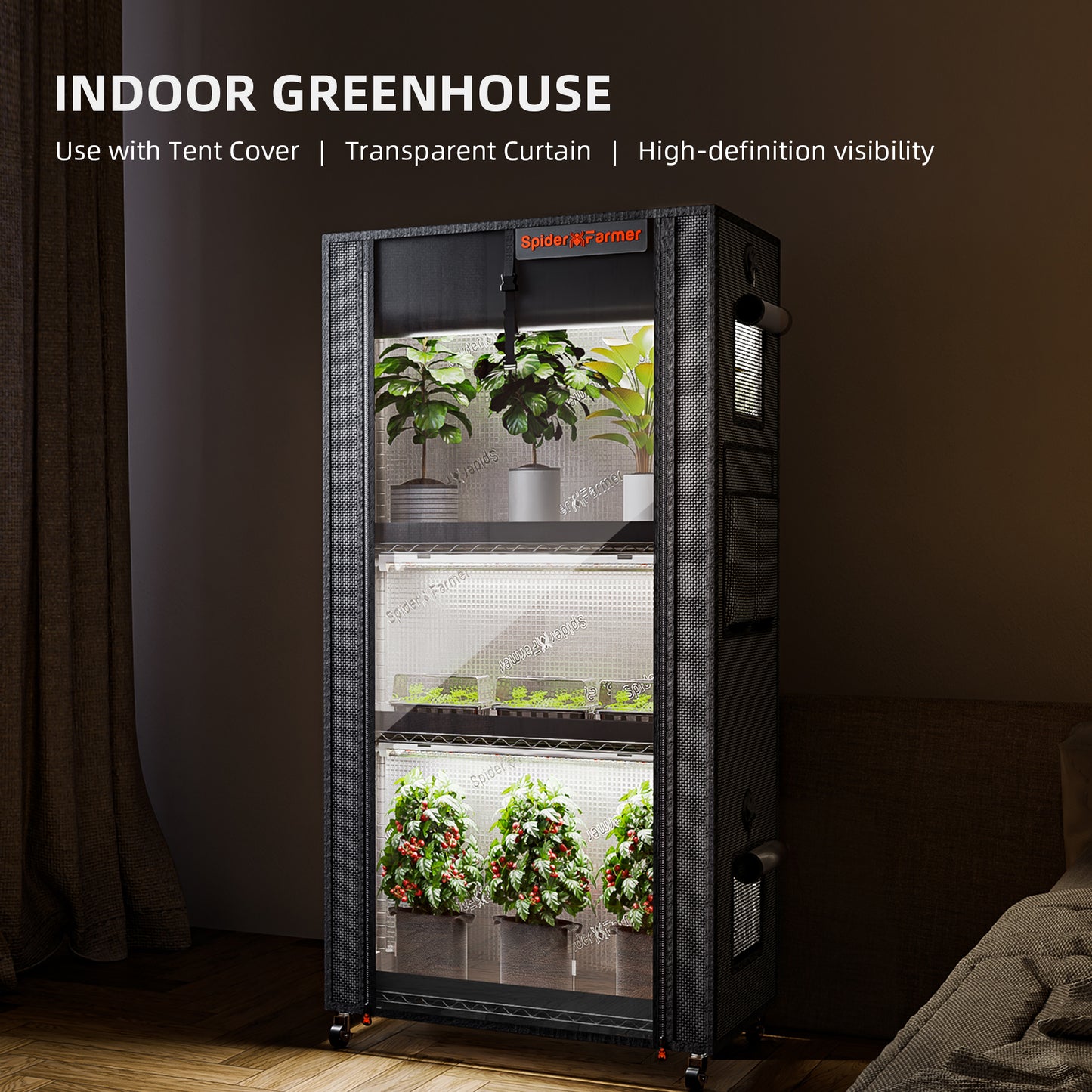 Plantehylle Metall | 4 Hyller | 108W LED | 1680D Telt | Spider Farmer - Nordstrøm Botaniske